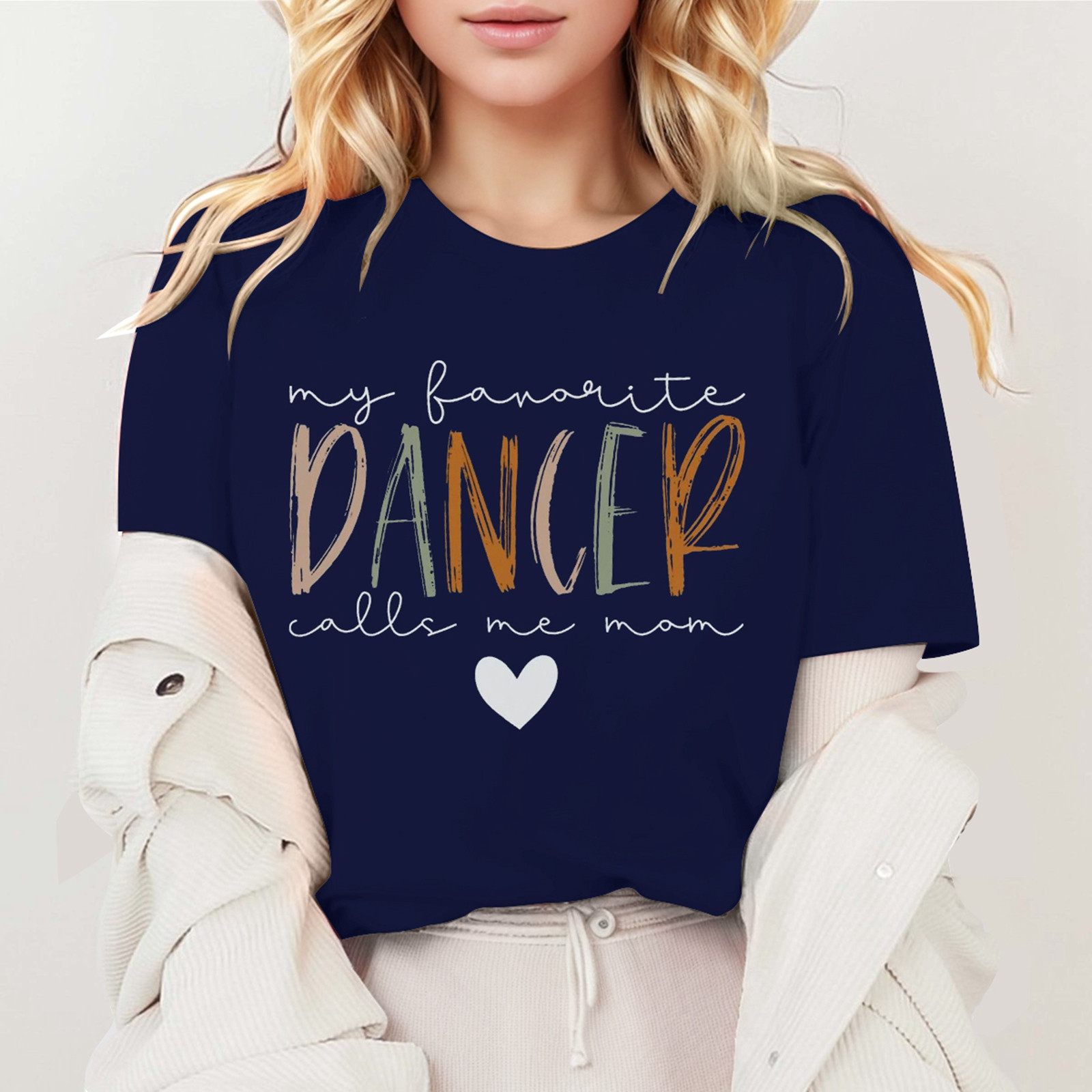 thumbnail image 2 of Camiseta «My Favorite Dancer Call Me Mom» (Mi bailarina favorita, llámame mamá): cuello redondo, estampado a doble cara, versátil para ocasiones informales y fiestas, lavable a máquina, corte favor, 2 of 4